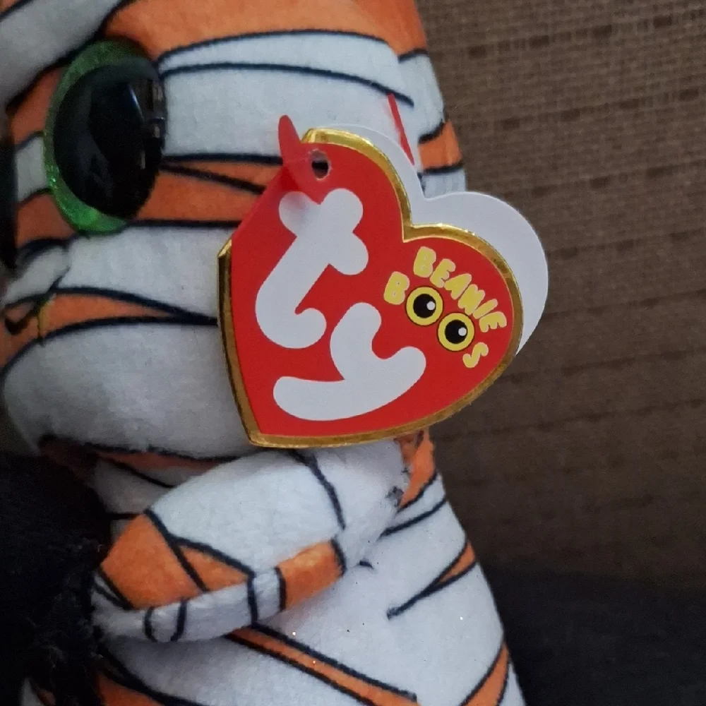 Ty Mummy Plush with Green Eyes and Orange Stripes